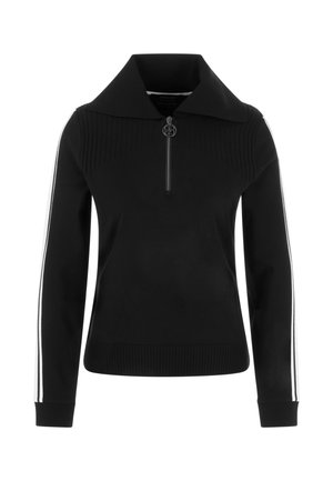 Black pullover with a wide collar, front zipper, ribbed texture at the top, and white side stripes. Contains a circular logo accent.