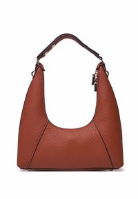 Borsa a tracolla in pelle marrone con una silhouette curva, manico superiore e cuciture nere a contrasto. Presenta una tasca con zip sul lato.