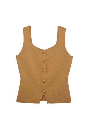 Ärmelloses, hellbraunes Stricktop mit quadratischem Ausschnitt und fünf markanten dekorativen Knöpfen vorne, am Saum leicht ausgestellt.