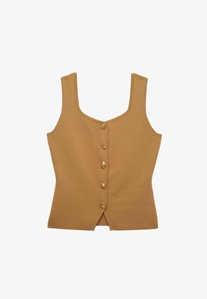 Haut sans manches en tricot beige avec encolure carrée et cinq boutons décoratifs distincts le long du devant, légèrement évasé à l'ourlet.