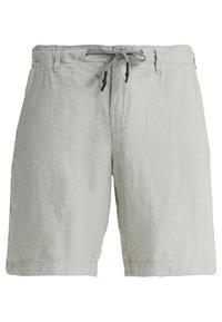 Jasnoszare lniane szorty z elastycznym paskiem, dwiema bocznymi kieszeniami i podwiniętym dołem. Materiał ma miękki, teksturowany wygląd.