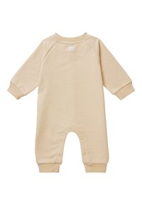 Combinaison beige à manches longues en coton doux. Présente un col rond, des bords côtelés et des boutons-pression en bas pour un enfilage facile.