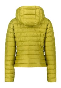Veste matelassée en vert vif, dotée d'une capuche et d'un design matelassé horizontal. Fabriquée en tissu brillant et lisse avec une silhouette ajustée.