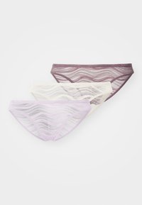 Three pairs of women's panties in sheer lace with a wave pattern. Colors include light purple, cream, and dark purple.