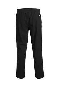 Pantalon en coton noir avec une ceinture élastique, comportant une poche arrière et une coupe droite. Texture lisse et style minimaliste.