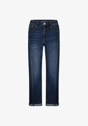 Donkerblauwe denim jeans met een rechte pasvorm, voorzien van een opgerolde zoom, metalen knoopsluiting en voorzakken. Glad oppervlak met subtiele vervaging.
