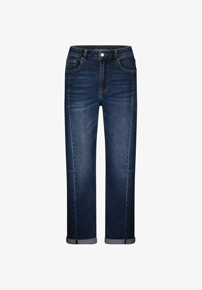 Donkerblauwe denim jeans met een rechte pasvorm, voorzien van een opgerolde zoom, metalen knoopsluiting en voorzakken. Glad oppervlak met subtiele vervaging.