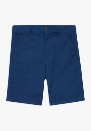 Marineblå, skræddersyede shorts med frontknap, bæltestropper, sidelommer og lynlås.