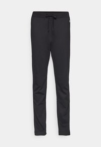Pantalones de chándal negros hechos de un tejido suave, con una cinturilla con cordón, ajuste slim, y sin patrones ni acentos visibles.