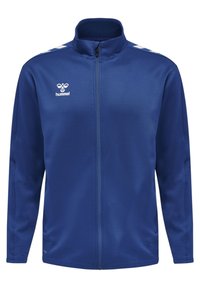 Blue athletic jacket made of smooth fabric, features a full zipper, stand-up collar, two side pockets, and white logo and stripes on shoulders.