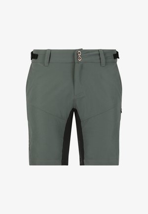 Grå shorts med ett lätt tyg, två knäppningar, svarta detaljer på sidorna och förstärkta sömmar för hållbarhet.