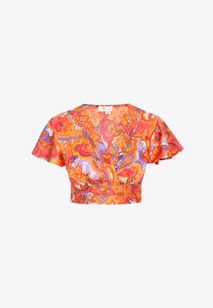 Blusa corta avvolgente con maniche corte a volant, motivo floreale astratto vivace in arancione, rosso, viola e giallo.