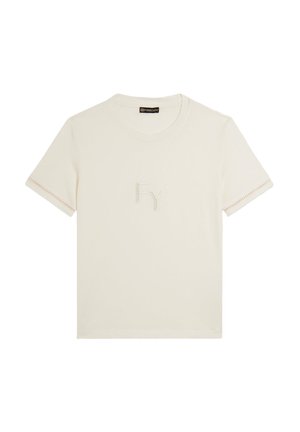 T-shirt color crema a maniche corte con scollo rotondo e piccolo logo "Fy" centrato sul petto.