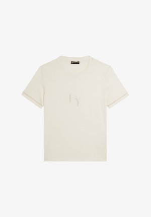 T-shirt color crema a maniche corte con scollo rotondo e piccolo logo "Fy" centrato sul petto.