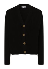 Czarny kardigan prążkowany z dekoltem w serek, z czterema złotymi guzikami z przodu i długimi rękawami. Miękka tekstura i dopasowany krój.