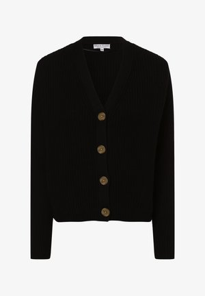 Schwarzer gerippter Cardigan mit V-Ausschnitt, ausgestattet mit vier goldenen Knöpfen auf der Vorderseite und langen Ärmeln. Weiche Textur und taillierte Passform.