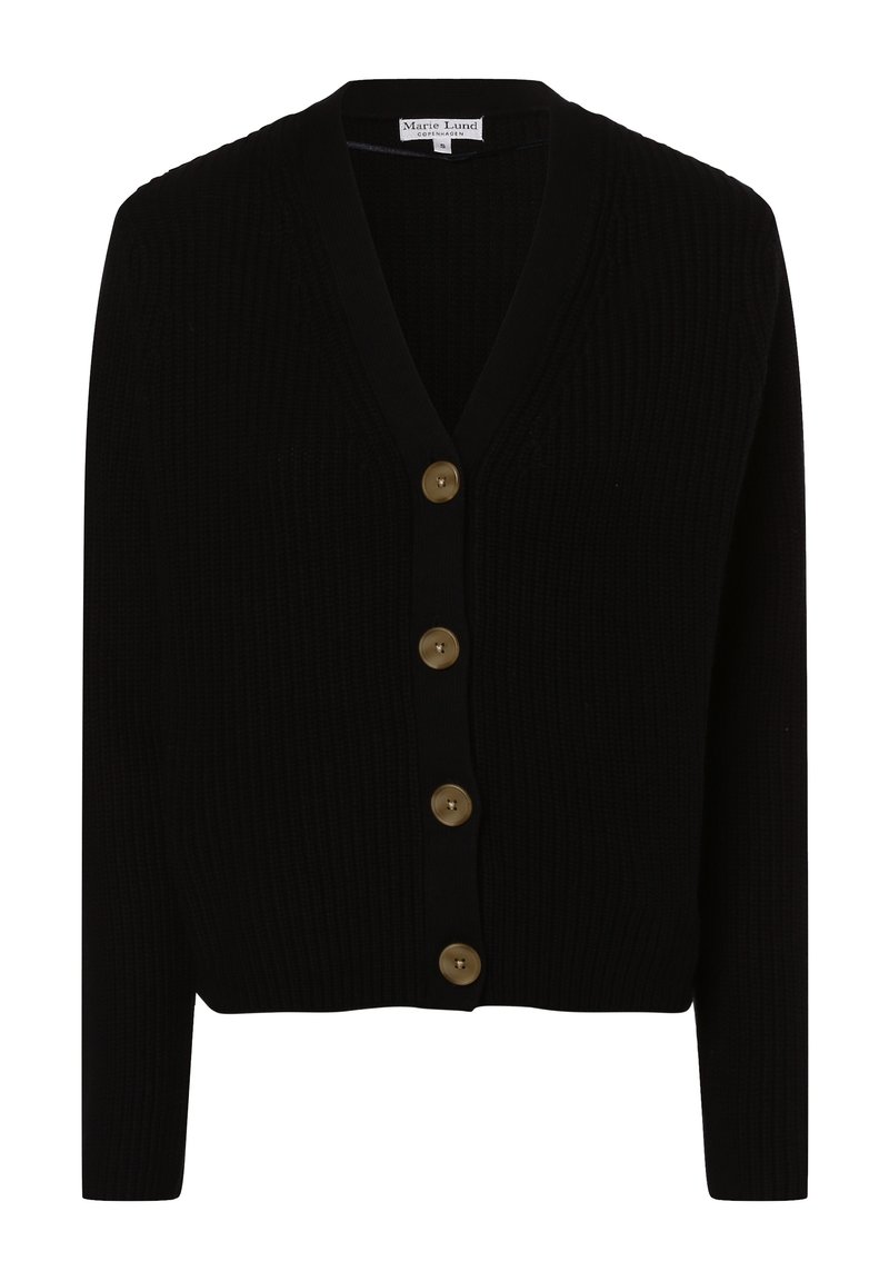 Czarny kardigan prążkowany z dekoltem w serek, z czterema złotymi guzikami z przodu i długimi rękawami. Miękka tekstura i dopasowany krój.