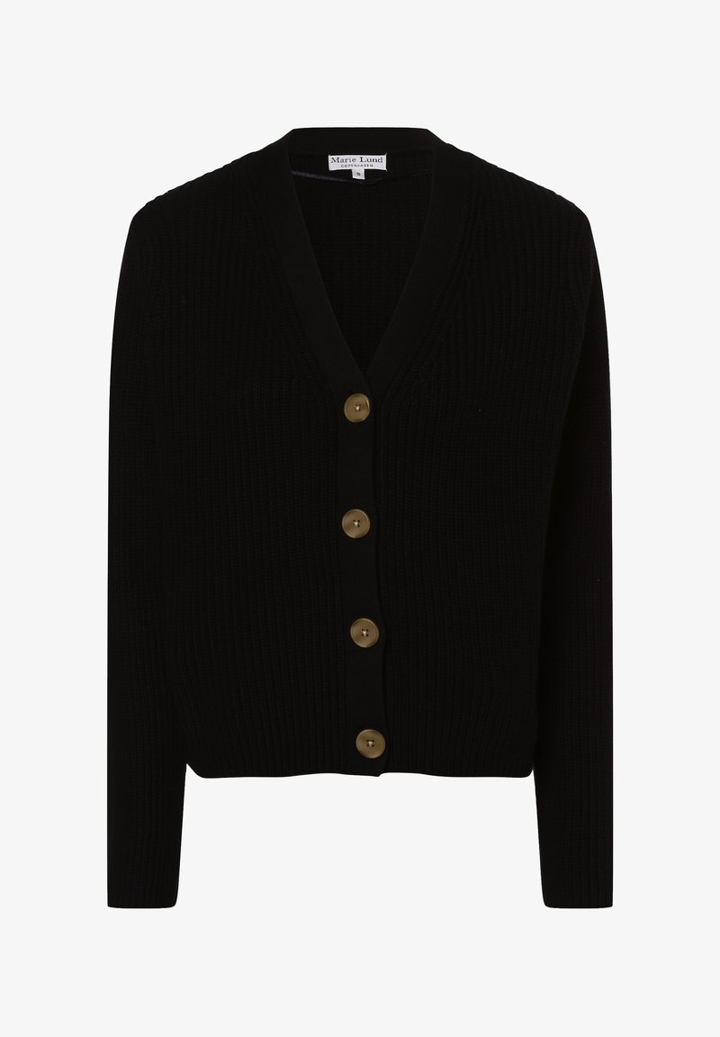 Czarny kardigan prążkowany z dekoltem w serek, z czterema złotymi guzikami z przodu i długimi rękawami. Miękka tekstura i dopasowany krój.