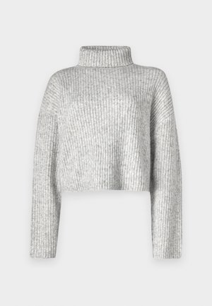 Pull gris court en tissu côtelé, doté d'un col haut et de manches longues, avec une texture douce et une légère variation de couleur.