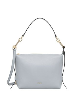 Borsa a mano Furla in pelle grigio chiaro con accessori dorati, manico corto e tracolla removibile, rettangolare con chiusura superiore a zip.