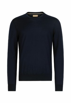 Granatowy sweter z okrągłym dekoltem, długimi rękawami oraz ściągaczami na mankietach i dole, prezentowany na jednolitym białym tle.