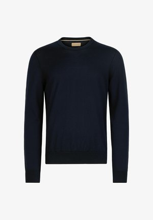 Granatowy sweter z okrągłym dekoltem, długimi rękawami oraz ściągaczami na mankietach i dole, prezentowany na jednolitym białym tle.