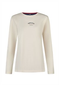 Lichtgewicht shirt met lange mouwen in crèmekleurige katoen met een ronde hals. Voorzien van marineblauwe borduursels met de tekst "NORTH POLE" en "BAKERY".