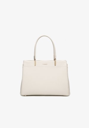 Borsa a tote strutturata beige in pelle testurizzata, con manici doppi e hardware dorato. Design semplice con un branding discreto sul davanti.