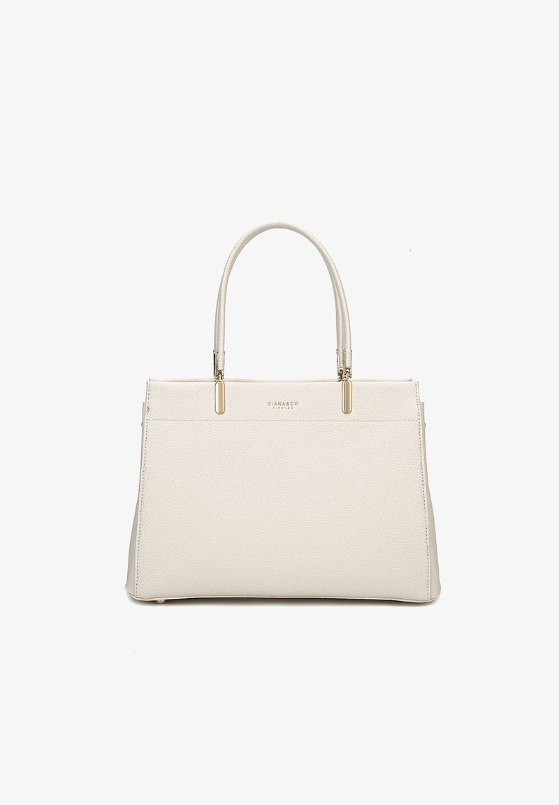 Beige gestructureerde tote bag van textuurleer, met dubbele handgrepen en hardware in goudtint. Eenvoudig ontwerp met subtiele branding aan de voorkant.