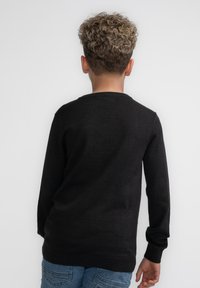 Schwarzer Strickpullover mit langen Ärmeln, gerippten Bündchen und Saum, der eine klassische Rundhalsausschnitt hat, von hinten betrachtet.
