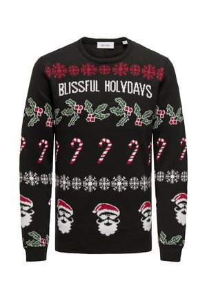 Schwarzer Pullover mit festlichen Strickmustern: "GLÜCKLICHE FEIERTAGE"-Text, Zuckerstangen, Stechpalmen und Weihnachtsmann-Gesichter in Rot, Grün und Weiß.