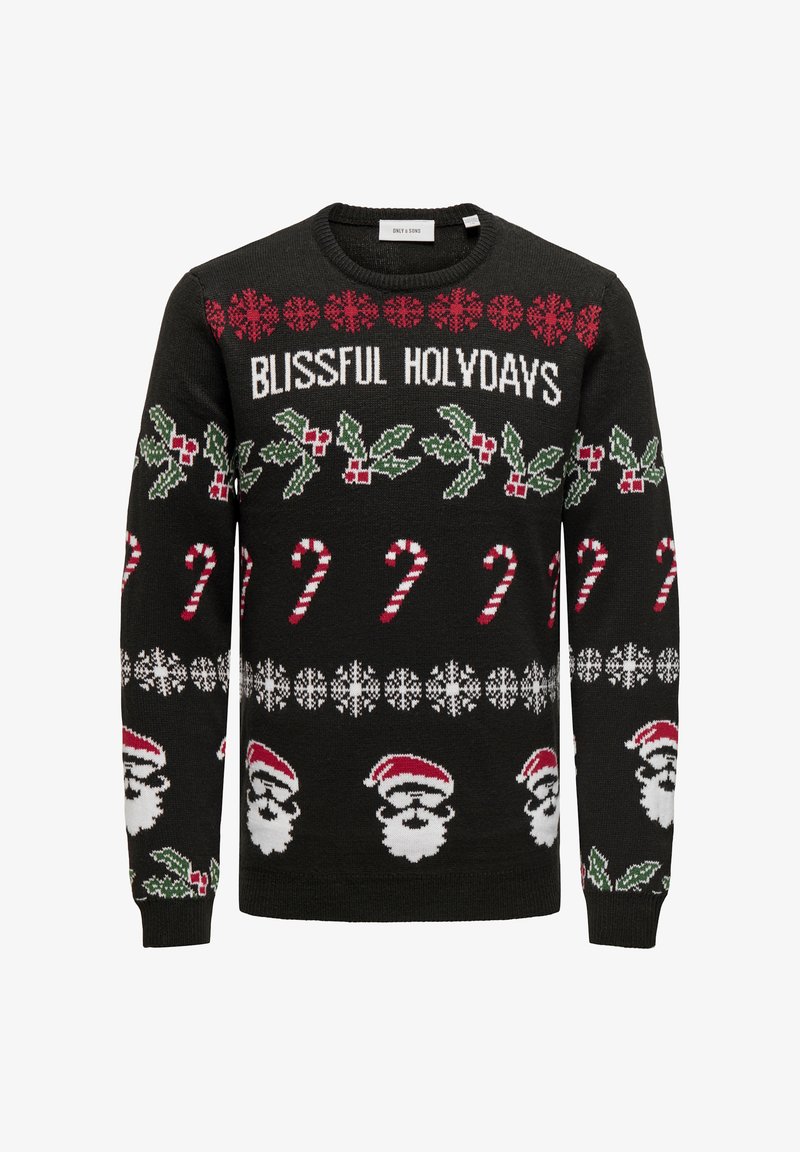 Pull noir avec des motifs tricotés festifs : texte "FÊTES HEUREUSES", cannes en sucre, houx et visages de Père Noël en rouge, vert et blanc.