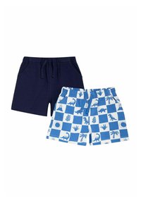 Set di pantaloni corti per bambini a fantasia blu e bianca; include un paio di pantaloni corti navy solidi e un paio a quadretti con dinosauri e piante.