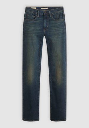 Mørkeblå denimjeans med rett snitt, med en klassisk fem-lommers design og svak falming på lårene for et brukt utseende.