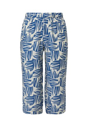 Blaue und weiße gemusterte Cropped-Hosen mit einem elastischen Bund, die abstrakte Blattemuster und einen strukturierten Stoff aufweisen.