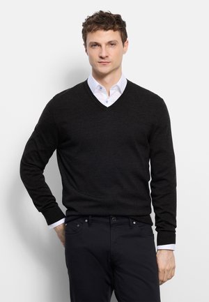 Mann trägt schwarzen V-Ausschnitt-Pullover über weißem Hemd mit Kragen und schwarze Hose, steht mit einer Hand in der Tasche vor schlichtem Hintergrund.