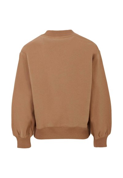 Bruine sweatshirt met een zachte textuur, geribbelde halslijn en zoom, en geborduurde mouwen; ontworpen in een relaxte pasvorm.