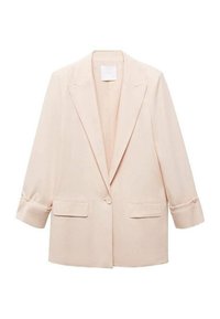 Light pink blazer made of soft fabric, featuring a notched collar, two front pockets, and button detail on the sleeves.