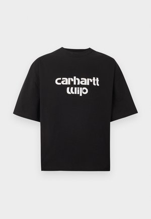 Black short-sleeve t-shirt with oversized fit and white distorted "carhartt wip" text logo centered on the front.