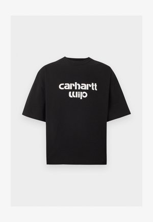 T-shirt noir à manches courtes avec coupe oversize et logo texte blanc déformé "carhartt wip" centré sur le devant.