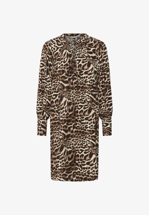 Kleid mit Leopardenmuster aus weichem Stoff, mit rundem Ausschnitt, Bindungsdetail und langen Ärmeln mit gerafften Manschetten.