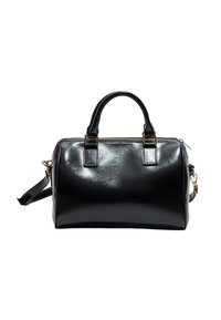 Sac en cuir verni noir avec une forme structurée, deux poignées courtes, une bandoulière amovible, des finitions en métal doré et une fermeture éclair.