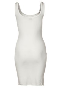 Bela, oprijeta obleka brez rokavov iz mehkega materiala z okroglim izrezom. Brez rokavov, gladka tekstura in dolžina do kolen.