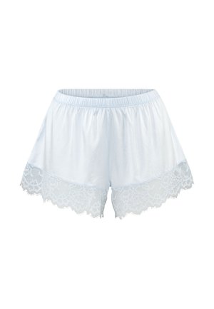 Helle blaue Shorts aus weichem Stoff, mit einer Spitzenborte am Saum und einem Blumenmuster. Elastischer Bund für zusätzlichen Komfort.