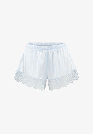 Helle blaue Shorts aus weichem Stoff, mit einer Spitzenborte am Saum und einem Blumenmuster. Elastischer Bund für zusätzlichen Komfort.