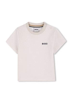 Kort wit textuur peuter T-shirt met korte mouwen, ronde hals, drukknoopsluiting op de schouder en "BOSS" logo op de borst.