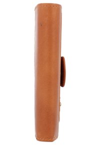 Tan leather wallet with a smooth texture, curved edges, and a side button closure. Features a circular accent on the closure.