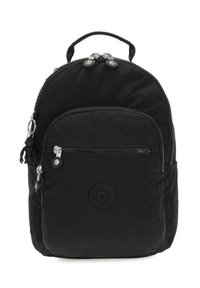 Black nylon backpack with a rounded top, featuring a front zip pocket, logo detail, and dual top zipper pulls. Textured surface accent.