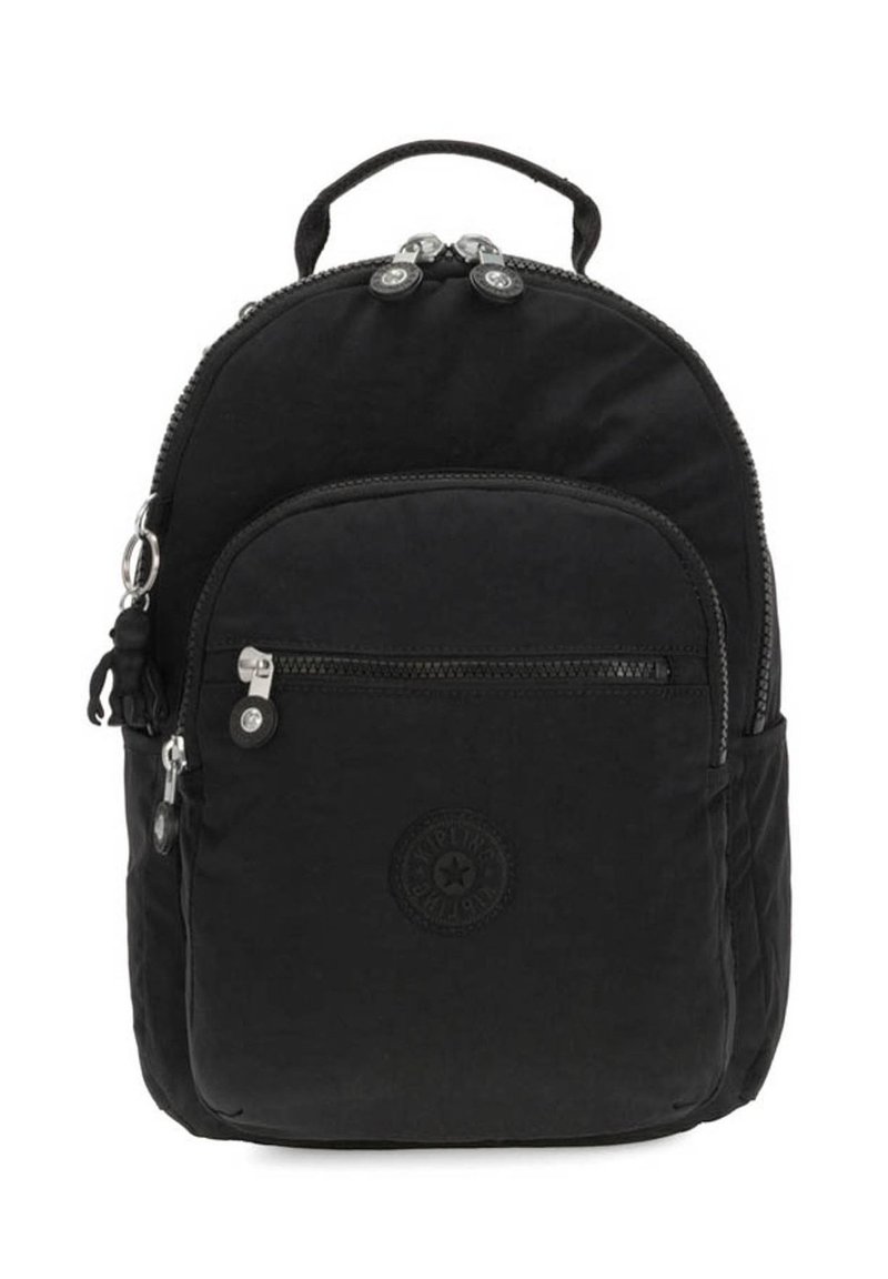 Black nylon backpack with a rounded top, featuring a front zip pocket, logo detail, and dual top zipper pulls. Textured surface accent.