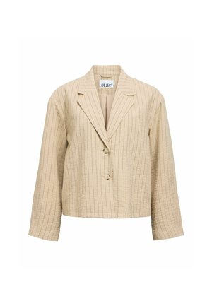 Blazer beige à fines rayures avec deux boutons, revers crantés, manches longues et coupe ample légèrement courte.